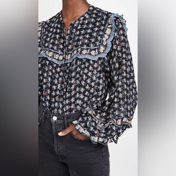 Free People Peasant Sleeve Ruffle Blouse Button Down XS - Picture 7 of 12